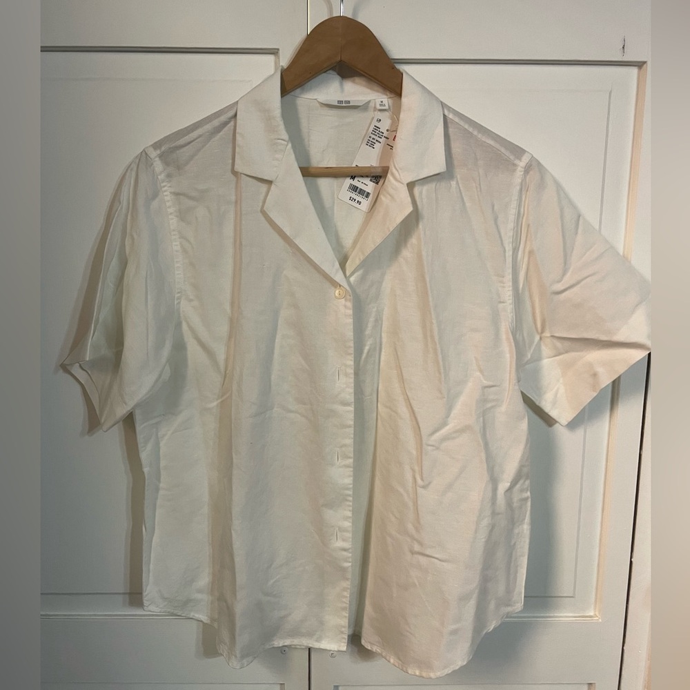 Uniqlo Boxy Cropped Off White Linen Blend Shirt